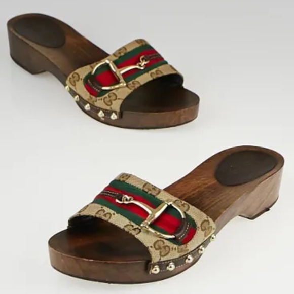 GUCCI Beige/Ebony GG Canvas Signature Web Icon Bit Wood Slide Clog Sandals - Picture 1 of 10